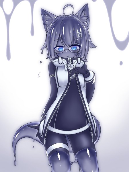 Anime-Bild 1620x2160 mit original curss single tall image looking at viewer short hair blue eyes black hair white background animal ears ahoge tail parted lips animal tail open jacket fox ears fox tail monster girl slime girl girl