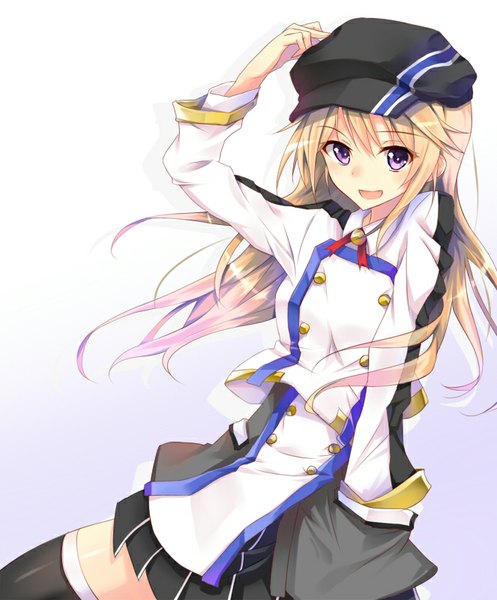 Anime picture 663x800 with original tsuedzu single long hair tall image looking at viewer fringe open mouth simple background blonde hair purple eyes happy hand on head hand in pocket girl thighhighs black thighhighs flat cap