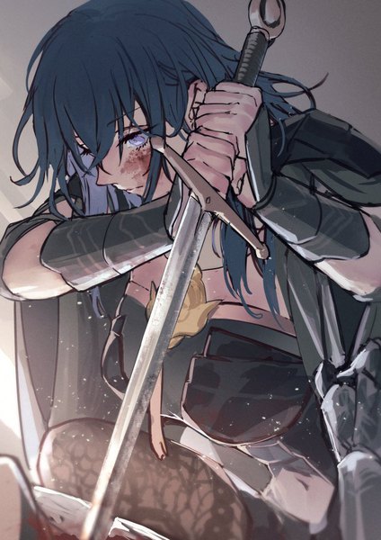 Anime picture 636x900 with fire emblem fire emblem: three houses nintendo byleth (fire emblem) byleth (female) (fire emblem) l0gman single long hair tall image fringe breasts blue eyes hair between eyes holding blue hair looking down blood on face girl weapon sword