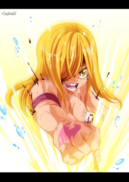 Anime picture 713x1000 with fairy tail lucy heartfilia tongasart single long hair tall image fringe open mouth light erotic blonde hair yellow eyes hair over one eye tattoo coloring magic light letterboxed angry girl blood