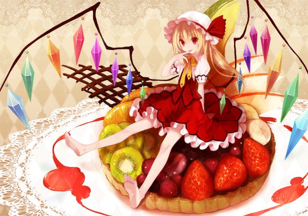 Anime picture 2480x1748 with touhou flandre scarlet koto (colorcube) long hair highres blonde hair red eyes barefoot girl dress skirt wings food skirt set fruit berry (berries) strawberry