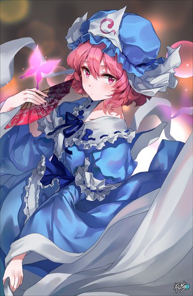 Anime picture 2072x3176 with touhou perfect cherry blossom saigyouji yuyuko kyjsogom single tall image looking at viewer blush fringe highres short hair breasts hair between eyes standing holding signed pink hair pink eyes blurry wide sleeves