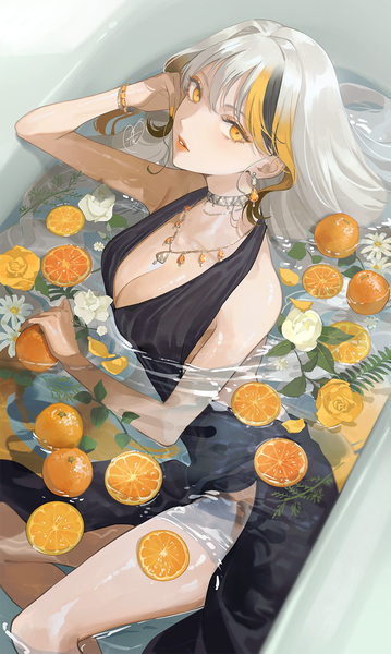 Anime picture 1000x1673 with original takashi (huzakenna) single long hair tall image looking at viewer breasts light erotic cleavage silver hair multicolored hair orange eyes streaked hair sleeveless partially submerged side slit girl dress flower (flowers) earrings