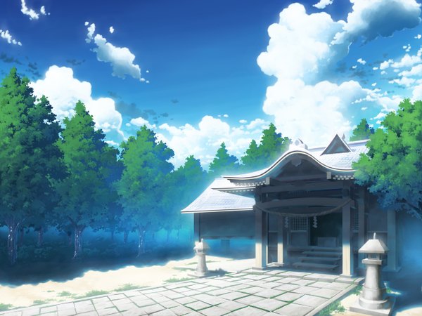 Anime picture 1280x960 with touhou aoha (twintail) sky cloud (clouds) no people gensokyo plant (plants) tree (trees) building (buildings) grass shrine hakurei shrine