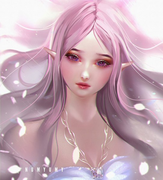 Anime picture 800x886 with original numyumy single long hair tall image looking at viewer blush purple eyes bare shoulders signed pink hair head tilt pointy ears blurry depth of field lipstick portrait elf eyeshadow red lipstick