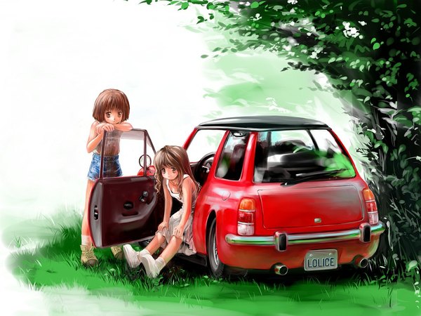 Anime picture 1024x768 with mini cooper long hair short hair brown hair nature denim dress shorts ground vehicle car denim shorts chikin