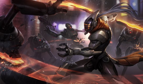 Anime picture 1215x717 with league of legends master yi (league of legends) tagme (artist) long hair wide image grey hair official art wallpaper fighting stance boy weapon suit helmet robot cyborg