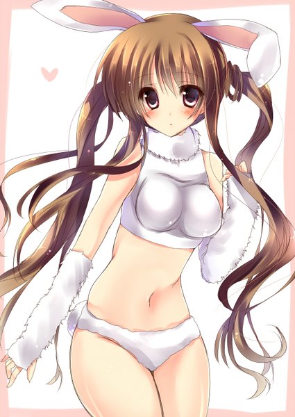 Anime picture 1074x1517 with original amane ruri single long hair tall image looking at viewer blush light erotic red eyes brown hair twintails midriff bunny ears girl navel underwear panties