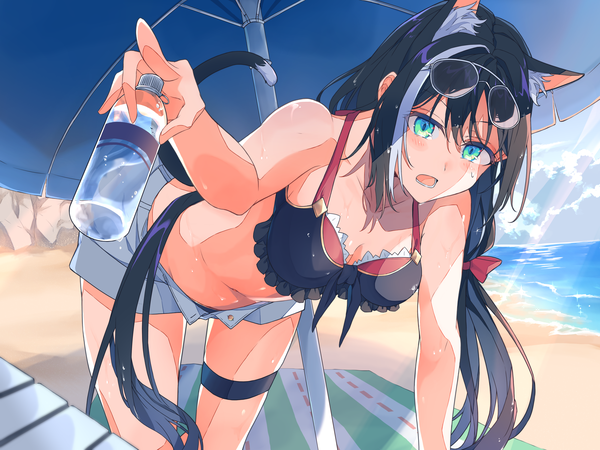 Anime picture 4000x3000 with princess connect! re:dive princess connect! karyl (princess connect!) hakua (aiziro 039) single long hair looking at viewer blush fringe highres breasts open mouth blue eyes light erotic black hair hair between eyes holding animal ears absurdres sky