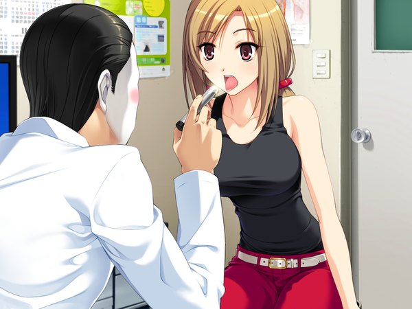 Anime picture 1024x768 with maro no kanja wa gatenkei maro no kanja ha gatenkei 2 ayase sakimi sakagami umi long hair blush breasts open mouth blonde hair large breasts sitting twintails bare shoulders brown eyes game cg teeth doctor girl boy shirt
