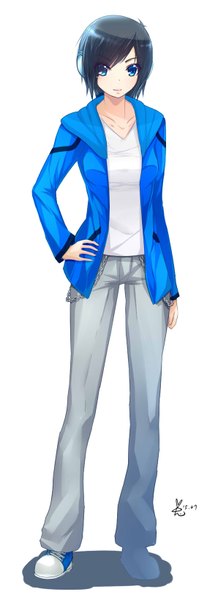 Anime picture 596x1635 with original blackrabbit0626 single tall image looking at viewer short hair blue eyes black hair simple background standing white background light smile open clothes open jacket hand on hip girl jacket