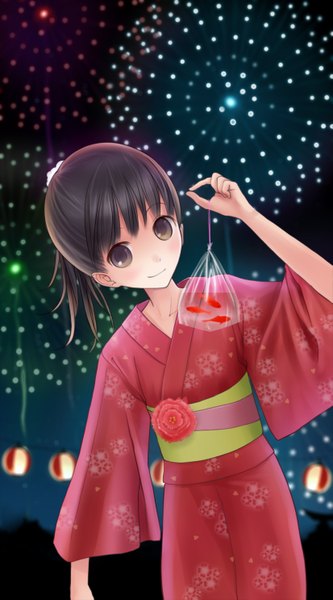 Anime picture 825x1485 with original chikuwa (odennabe) single tall image looking at viewer short hair black hair traditional clothes japanese clothes black eyes fireworks girl kimono obi fish (fishes)