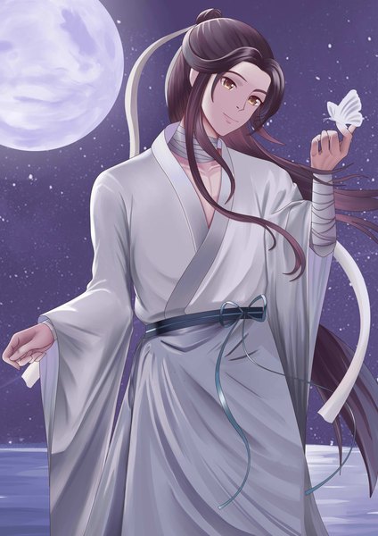 Anime picture 2481x3508 with tianguan cifu xie lian ronikx art long hair tall image highres black hair standing brown eyes looking away outdoors ponytail traditional clothes light smile night wide sleeves hair bun (hair buns) night sky chinese clothes butterfly on hand