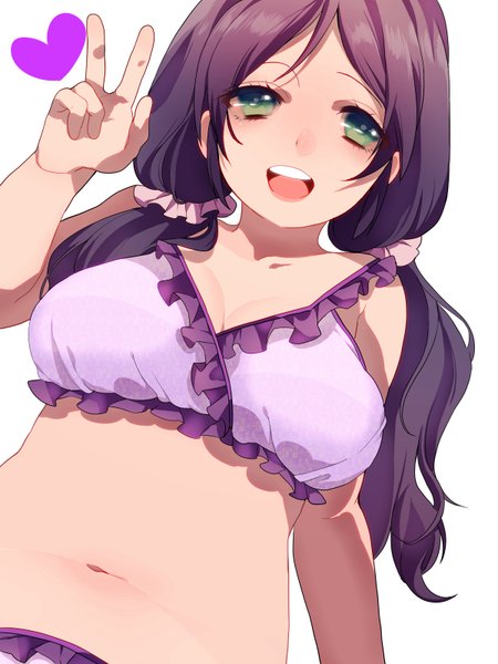 Anime picture 1200x1600 with love live! school idol project sunrise (studio) love live! toujou nozomi mihatarou single long hair tall image looking at viewer open mouth simple background white background green eyes purple hair dutch angle victory girl navel swimsuit frilled bikini