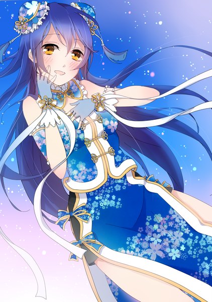 Anime picture 1407x2000 with love live! school idol project love live! school idol festival sunrise (studio) love live! sonoda umi satoimo chika single long hair tall image looking at viewer blush fringe open mouth simple background hair between eyes standing bare shoulders brown eyes blue hair traditional clothes