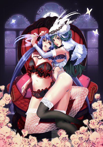 Anime picture 1200x1696 with ukero tall image light erotic red eyes twintails multiple girls blue hair green hair night hug girl thighhighs underwear flower (flowers) 2 girls hat window pillow insect butterfly