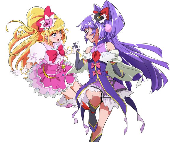 Anime picture 1984x1600 with precure mahou girls precure! toei animation asahina mirai cure miracle izayoi riko cure magical nukosann long hair fringe highres open mouth simple background blonde hair smile white background purple eyes bare shoulders multiple girls payot
