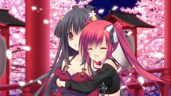 Anime picture 1280x720 with magical dears maibara minazuki takanashi saya long hair blush open mouth black hair red eyes wide image twintails multiple girls game cg red hair eyes closed hug cherry blossoms girl bow 2 girls plant (plants)