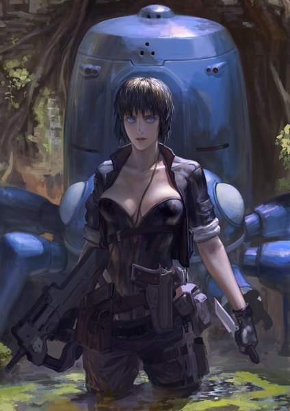 Anime picture 1551x2193 with ghost in the shell production i.g kusanagi motoko tachikoma xiaji tall image short hair blue eyes black hair girl water fingerless gloves gun knife pistol mecha