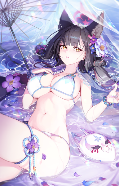 Anime picture 3200x5000 with blue archive wakamo (blue archive) wakamo (swimsuit) (blue archive) penguin say single long hair tall image highres breasts light erotic black hair large breasts twintails yellow eyes looking away absurdres lying hair flower on back partially submerged