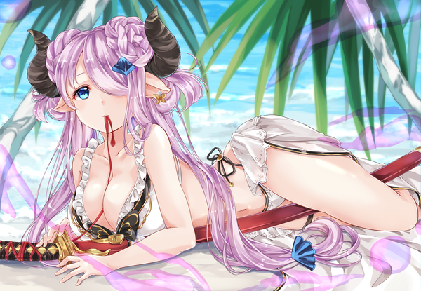Anime picture 1950x1350 with granblue fantasy narmaya (granblue fantasy) narmaya (summer) (granblue fantasy) fujiko (fujik0) single long hair tall image looking at viewer blush fringe highres breasts blue eyes light erotic simple background large breasts twintails holding lying braid (braids)