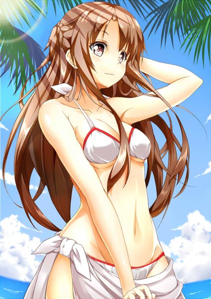 Anime picture 1100x1555 with sword art online a-1 pictures yuuki asuna kizen3 (artist) single long hair tall image fringe breasts brown hair standing brown eyes sky cloud (clouds) braid (braids) light smile sunlight side braid girl swimsuit