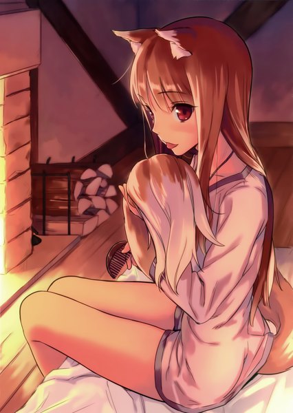 Anime picture 1135x1600 with spice and wolf horo kawakami rokkaku single long hair tall image looking at viewer blush red eyes brown hair sitting animal ears tail animal tail wolf ears wolf tail wolf girl girl tongue t-shirt
