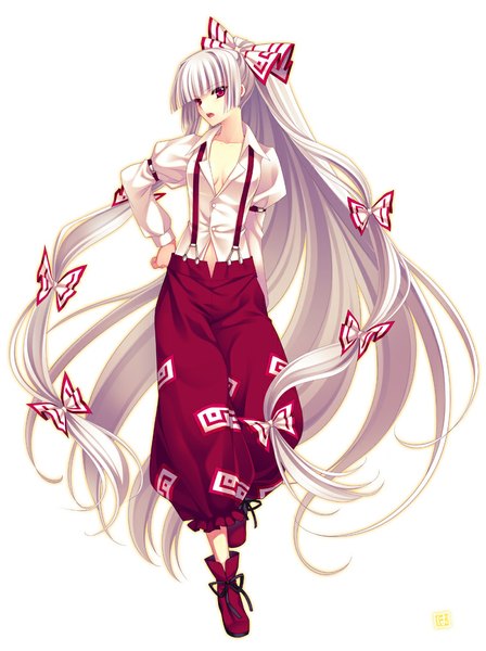 Anime picture 800x1070 with touhou fujiwara no mokou riv single long hair tall image looking at viewer open mouth simple background red eyes white background white hair girl bow hair bow shirt suspenders