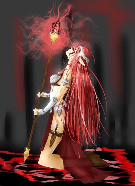 Anime picture 4000x5500 with eriko201 single long hair tall image highres light erotic absurdres red hair pointy ears kneeling elf girl weapon staff dagger