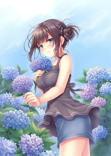 Anime picture 2483x3500 with original k.y ko single tall image looking at viewer blush highres short hair blue eyes black hair scan official art girl skirt flower (flowers) x hair ornament hydrangea