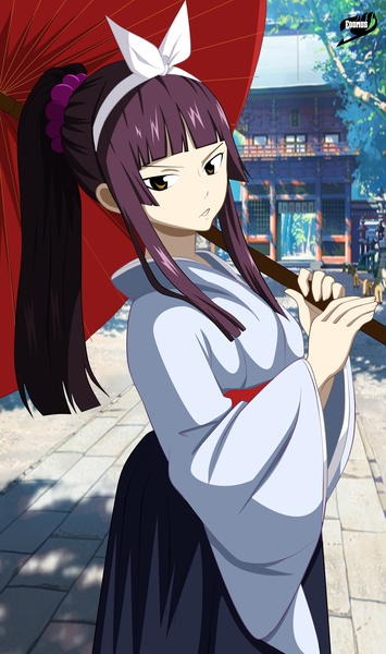 Anime picture 2009x3391 with fairy tail mikazuchi kagura eddmos single long hair tall image highres brown hair brown eyes traditional clothes japanese clothes coloring girl hair ornament plant (plants) tree (trees) hairband kimono building (buildings) umbrella
