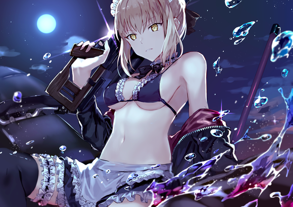 Anime picture 1200x850 with fate (series) fate/grand order artoria pendragon (all) artoria pendragon (alter swimsuit rider) (fate) mocha (mokaapolka) single short hair breasts light erotic blonde hair yellow eyes payot outdoors night open jacket underboob looking down expressionless weapon over shoulder girl