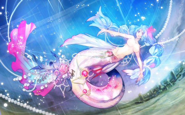 Anime picture 1400x873 with original pixiv fantasia pixiv fantasia iv kyoka hatori single long hair breasts open mouth light erotic wide image purple eyes twintails blue hair city girl jewelry bubble (bubbles) mermaid