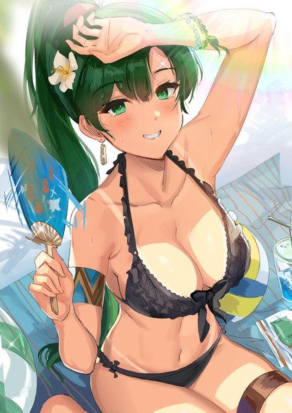 Anime picture 2480x3508 with fire emblem fire emblem heroes fire emblem: the blazing blade nintendo lyndis (fire emblem) ormille single long hair tall image looking at viewer blush fringe highres breasts light erotic smile hair between eyes large breasts holding green eyes