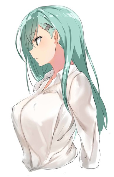 Anime picture 700x1085 with kantai collection suzuya heavy cruiser isshiki (ffmania7) single long hair tall image blush fringe breasts light erotic simple background hair between eyes large breasts white background looking away profile aqua eyes aqua hair covered nipples girl