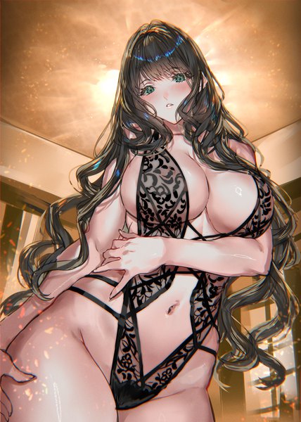 Anime picture 2139x3000 with original ranou single long hair tall image looking at viewer blush fringe highres breasts light erotic black hair standing green eyes indoors blunt bangs parted lips from below huge breasts sideboob