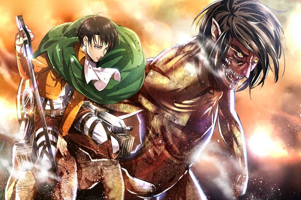 Anime picture 1800x1200 with shingeki no kyojin production i.g eren yaeger levi (rivaille) rogue titan yuna (rutera) highres short hair brown hair yellow eyes black eyes steam giant boy weapon sword belt thigh strap cape