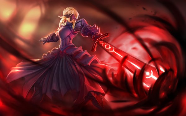 Anime picture 2000x1250 with fate (series) fate/stay night type-moon artoria pendragon (all) saber saber alter zhuore zhi hen single long hair highres blonde hair holding girl dress gloves weapon sword mask armored dress excalibur