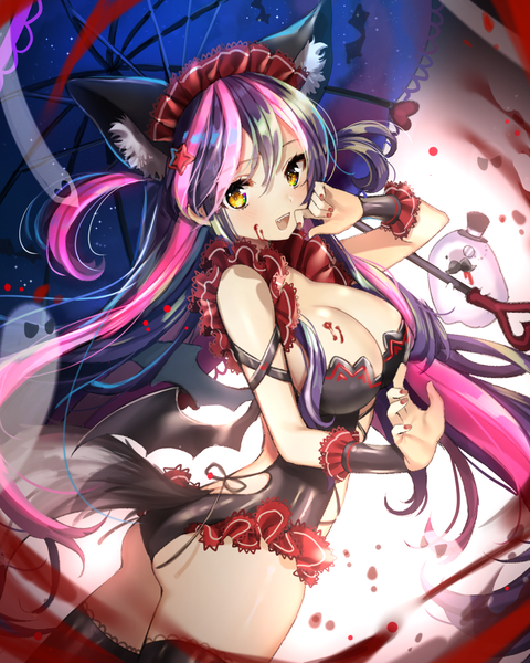 Anime picture 1161x1451 with original gambe single long hair tall image looking at viewer blush fringe breasts open mouth light erotic black hair smile hair between eyes large breasts standing animal ears yellow eyes payot pink hair