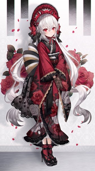 Anime picture 1142x2048 with original abandon ranka single long hair tall image looking at viewer blush fringe hair between eyes red eyes standing twintails payot silver hair full body braid (braids) traditional clothes japanese clothes hair flower wide sleeves