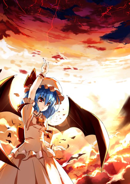 Anime picture 1000x1414 with touhou remilia scarlet baisi shaonian single tall image fringe short hair hair between eyes red eyes blue hair looking away sky cloud (clouds) nail polish parted lips arm up fingernails sunlight blurry puffy sleeves