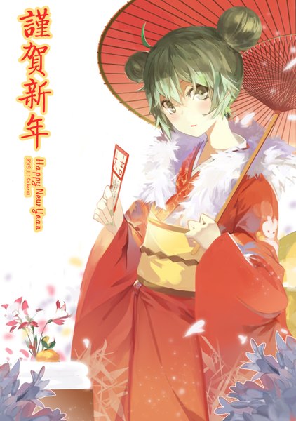 Anime picture 2079x2953 with vocaloid hatsune miku saberiii single tall image blush highres short hair green eyes signed absurdres ahoge traditional clothes japanese clothes inscription hair bun (hair buns) hieroglyph new year nengajou girl