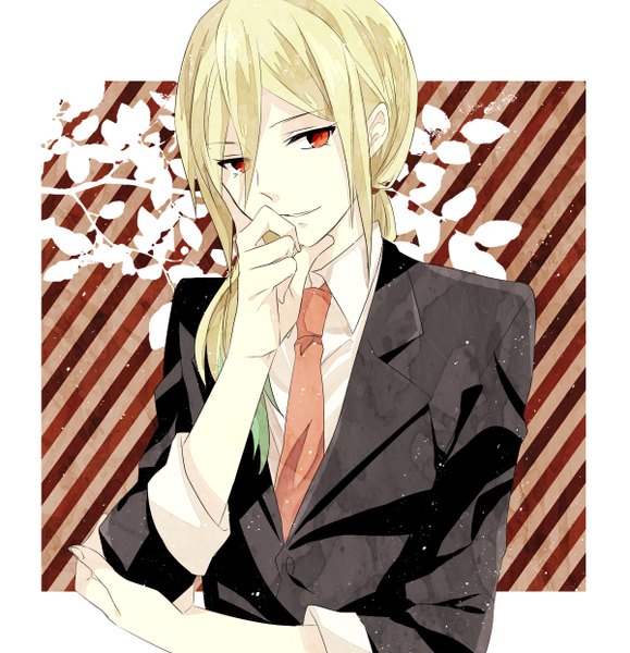 Anime picture 1200x1242 with inazuma eleven afuro terumi washi (micino) long hair tall image blonde hair smile red eyes border striped outside border otoko no ko brown background striped background boy shirt necktie suit