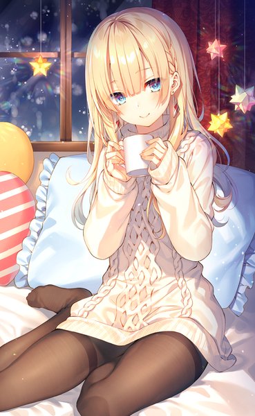 Anime picture 623x1013 with original toosaka asagi single long hair tall image looking at viewer blush fringe blue eyes blonde hair smile hair between eyes sitting holding indoors braid (braids) long sleeves no shoes sleeves past wrists yokozuwari