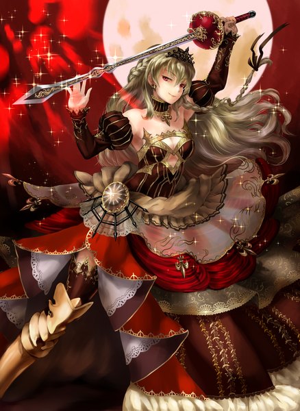 Anime picture 2990x4093 with original natsujiru single long hair tall image looking at viewer highres blonde hair red eyes girl thighhighs dress weapon detached sleeves sword boots armor moon crown