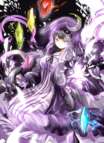 Anime picture 1000x1375 with touhou patchouli knowledge shigureru single long hair tall image looking at viewer fringe breasts black hair purple eyes twintails crescent girl dress moon crystal purple dress