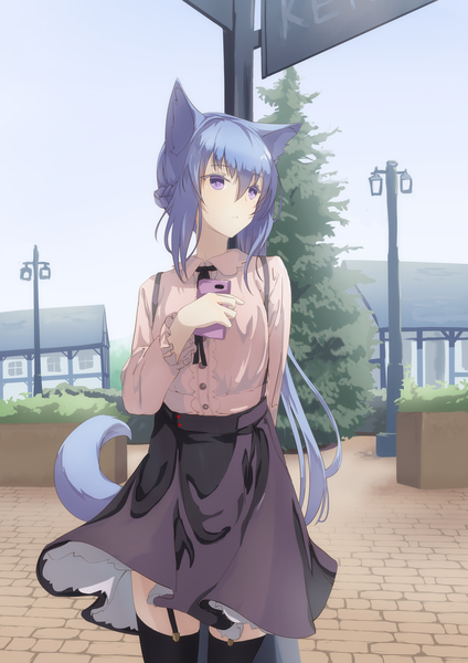 Anime picture 1447x2047 with original mikisai single long hair tall image fringe hair between eyes standing purple eyes holding animal ears payot blue hair looking away outdoors tail braid (braids) long sleeves animal tail wind