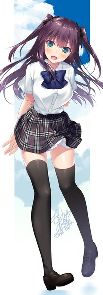 Anime picture 400x1138 with original motomiya mitsuki single long hair tall image looking at viewer blush fringe open mouth smile hair between eyes brown hair green eyes signed cloud (clouds) full body two side up zettai ryouiki border dated