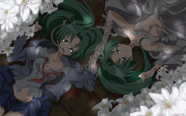 Anime picture 2560x1600 with higurashi no naku koro ni studio deen sonozaki mion sonozaki shion highres light erotic wide image dark background twins flower (flowers) bandage (bandages)