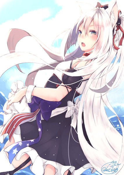 Anime-Bild 1417x2000 mit azur lane hammann (azur lane) chita (ketchup) single tall image looking at viewer blush fringe open mouth hair between eyes standing bare shoulders signed animal ears sky outdoors white hair very long hair grey eyes fang (fangs)